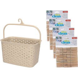 Wasknijpersmandje met ophanghaak - beige - en 96x houten wasknijpers 7 cm - knijperszakken