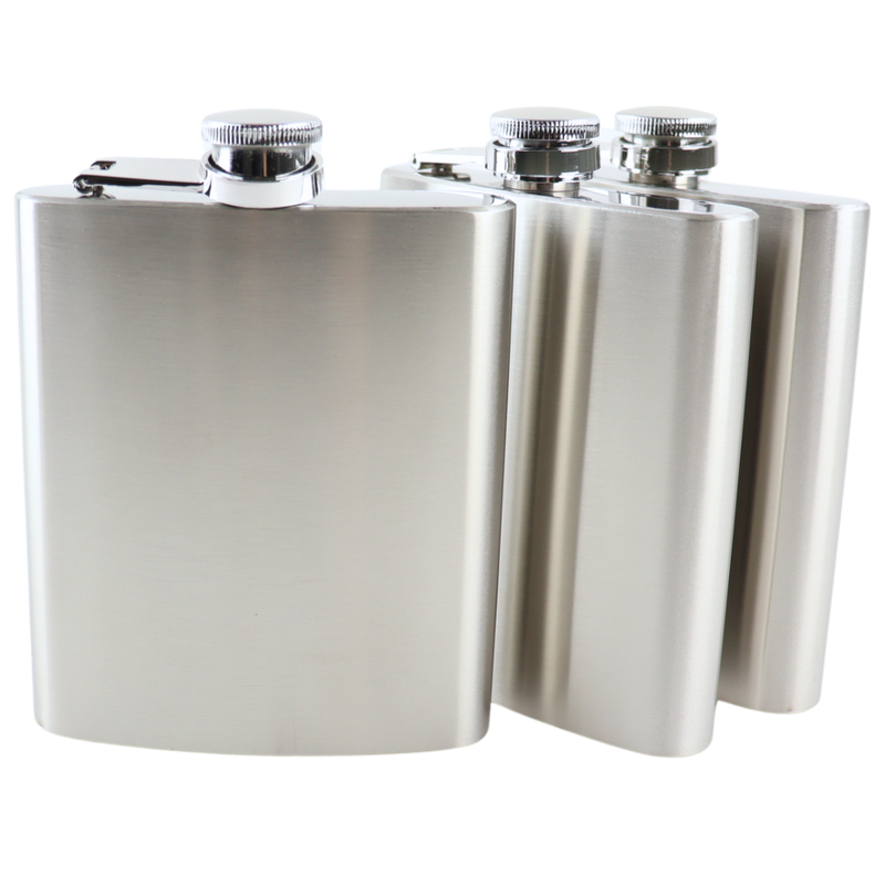 HIXA Heupfles - 3 Stuks - Flacon - Veldfles - RVS - Drinkfles - Platvink - 200ml - Zilver - Kunststof Dop - 
