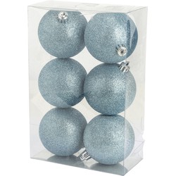 6x stuks kunststof glitter kerstballen ijsblauw 8 cm - Kerstbal