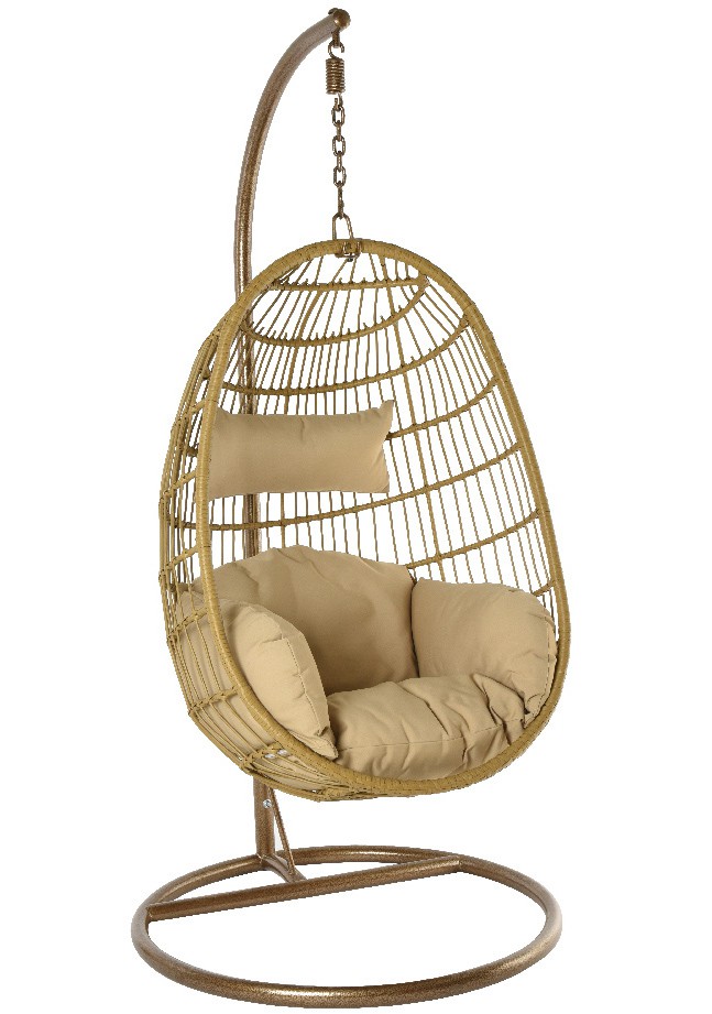24Designs Relax Hangstoel Monaco 1-Persoons Egg Chair Naturel Incl. Standaard + Zandkleurige Kussens - Indoor En Outdoor - 