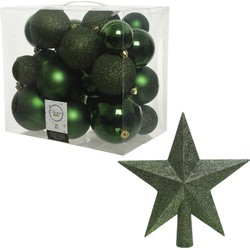 Kerstversiering kunststof kerstballen met piek donkergroen 6-8-10 cm pakket van 27x stuks - Kerstbal