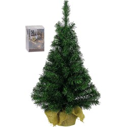 Volle kunst kerstboom 75 cm in jute zak inclusief 50 warm witte lampjes - Kunstkerstboom