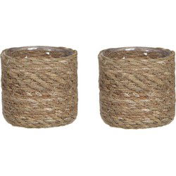 Mica Decorations Plantenpot - 2x - rotan - bruin - mand - 12 x 12 cm - Plantenpotten