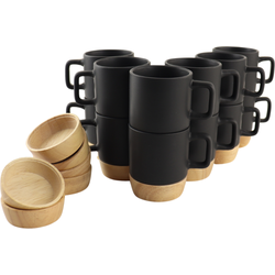 OTIX Espresso Kopjes - Zwart - Koffiekopjes - Set van 12 - 120 ml - met Bamboe - Onderzetter