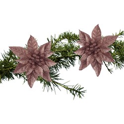 2x stuks kerstboomversiering op clip donker beige glitter bloem 15 cm - Kersthangers