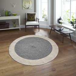 Corda Binnen & Buiten Vloerkleed Effen Gevlochten Rond Tuin Balkon Laagpolig Grijs Creme- 120 CM ROND