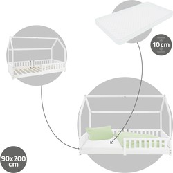Kinderbed met uitvalbeveiliging lattenbodem en dak 200x90 cm wit grenen hout ML-Design