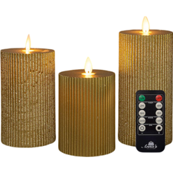 Stompkaars ribbel wax led bewegende vlam met afstandsbediening set van 3 d7.5h10/12.5/15 cm goud