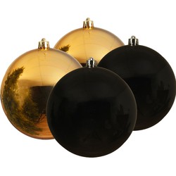 Kunststof kerstballen 4x stuks goud en zwart 14 cm - Kerstbal
