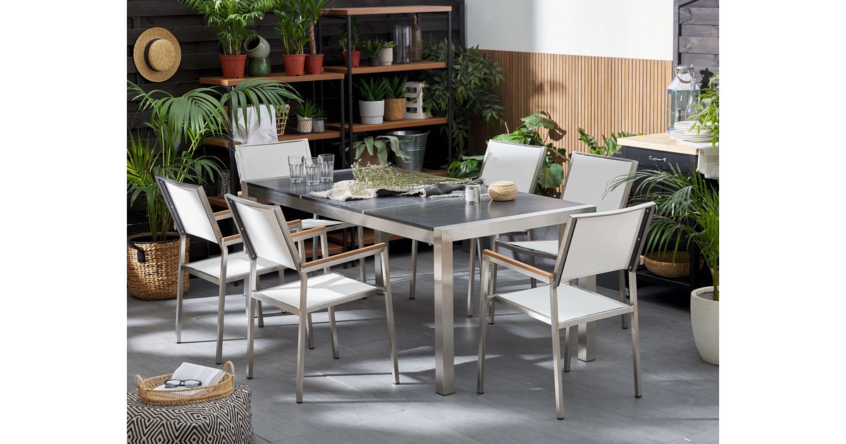 Tuinset granieten tafelblad 180x90 cm, 6 stoelen wit GROSSETO