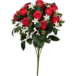 Louis Maes Kunstbloemen boeket rozen/bloesem met bladgroen - rood - H49 cm - Bloemstuk - Kunstbloemen