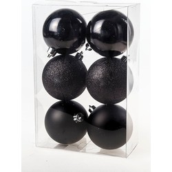 6x Zwarte kerstballen 8 cm kunststof mat/glans/glitter - Kerstbal