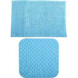 MSV Douche anti-slip mat en droogloop mat - Sevilla badkamer set - rubber/microvezel - lichtblauw - Badmatjes