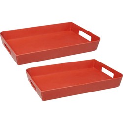 2x stuks dienbladen/serveerbladen rechthoekig 35 x 25 cm koraalrood met handvaten - Dienbladen