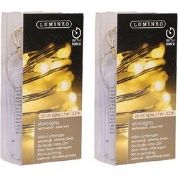 Lumineo draadverlichting zilverdraad 20 warm witte lampjes - 2x - 95 cm - Lichtsnoeren