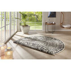 Laagpolig Rond Vloerkleed - Omkeerbaar Binnen en Buitenkleed - Zwart / Creme - 200cm rond Ø