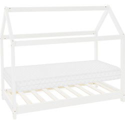 Kinderbed huisbed 80x160 cm wit gemaakt van grenenhout incl. matras H-10cm houten bed met dak en lattenbodem ML design
