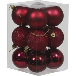 12x Donkerrode kunststof kerstballen 6 cm glans/mat/glitter - Kerstbal