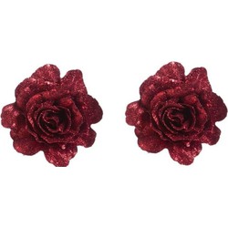 2x Rode decoratie roos glitters op clip 10 cm - Kersthangers