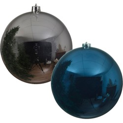 2x stuks grote kerstballen van 20 cm glans van kunststof blauw en zilver - Kerstbal