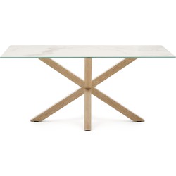 Kave Home - Argo tafel in wit porselein met hout-effect stalen poten 160 x 90 cm
