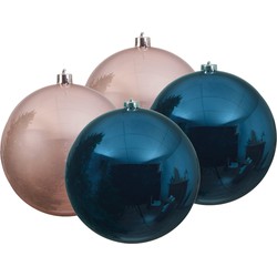 Kunststof kerstballen 4x stuks donkerblauw en lichtroze 14 cm - Kerstbal