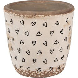 Clayre & Eef Bloempot  Ø 13x12 cm Beige Zwart Keramiek Hartjes Bloempot Binnen