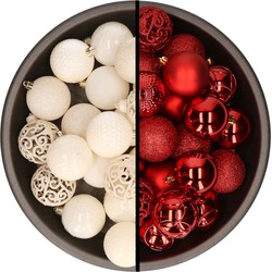 Kerstballen - 74x stuks - wol wit en rood - 6 cm - kunststof - Kerstbal