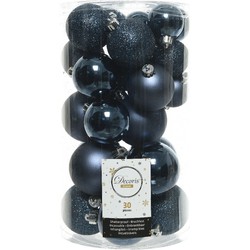 30x Kunststof kerstballen glanzend/mat/glitter donkerblauw kerstboom versiering/decoratie - Kerstbal