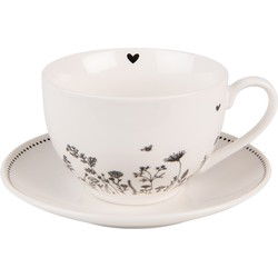 Clayre & Eef Kop en Schotel Beige Zwart Porselein Bloemen