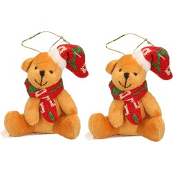2x Kersthangers knuffelbeertjes beige met gekleurde sjaal en muts 7 cm - Kersthangers
