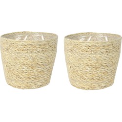 Set van 2x stuks plantenpot/bloempot van jute/zeegras diameter 18 cm en hoogte 16 cm creme beige - Plantenpotten