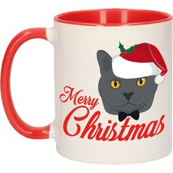 Kerstcadeau mok/beker rood Merry Christmas met grijze kat / poes 300 ml - Bekers