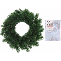 Dennenkrans/deurkrans 35 cm inclusief helder witte kerstverlichting - Kerstkransen