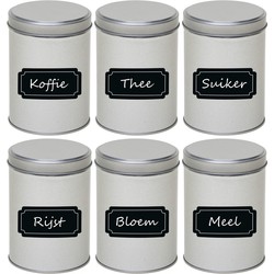 6x Zilveren hoog/rond bewaarblik/opbergblik 13 cm met krijtbord labels - Voorraadblikken