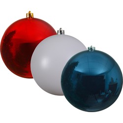 Kunststof kerstballen 3x stuks rood-wit-blauw 14 cm - Kerstbal