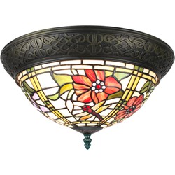 LumiLamp Plafondlamp Tiffany  Ø 38x20 cm  Beige Rood Kunststof Glas Rond Plafonniere