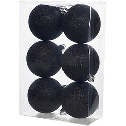 6x Kunststof kerstballen glitter zwart 8 cm kerstboom versiering/decoratie - Kerstbal