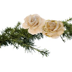 2x stuks kerstboom decoratie bloemen rozen goud op clip 9 cm - Kersthangers