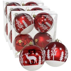 12x stuks gedecoreerde kerstballen rood kunststof 8 cm - Kerstbal