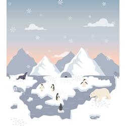 ESTAhome fotobehang ijsberen, pinguins en zeehonden in de sneeuw blauw en wit - 2.5 x 2.79 m - 159297