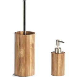 Toiletborstel houder met zeeppompje van acacia hout - Badkameraccessoireset