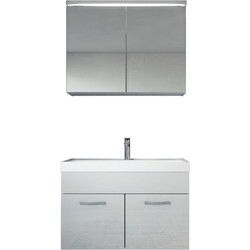Badplaats Badkamermeubel Set Paso 02 80 x 40 cm - Wit Hoogglans - Badmeubel met Wastafel en Spiegelkast