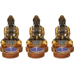 3x stuks indische boeddha theelichthouders goud/zwart 12 cm - Beeldjes