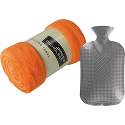 Fleece deken/plaid - oranje - 120 x 160 cm - kruik - 2 liter - Plaids