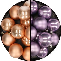 Kunststof kerstballen 6 cm - 24x stuks - lichtbruin en lila paars - Kerstbal
