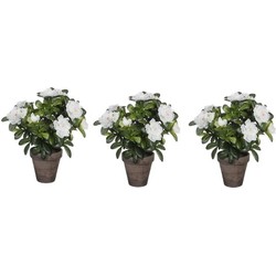3x Groene Azalea kunstplanten met witte bloemen 27 cm met pot stan grey - Kunstplanten