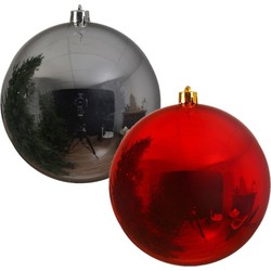 2x stuks grote kerstballen van 20 cm glans van kunststof rood en zilver - Kerstbal