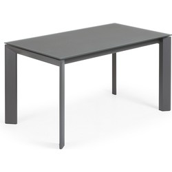 Kave Home - Axis uitschuifbare tafel in grijs glas en donkergrijze stalen poten, 140 (200) cm