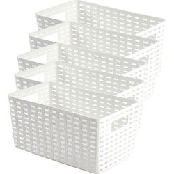 PlasticForte Opbergmand - 5x - Kastmand - rotan kunststof - wit - 5 Liter - 15 x 28 x 13 cm - Opbergmanden